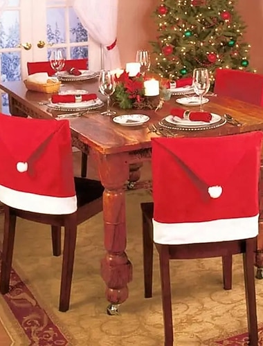  4 pokrowce na krzesła świąteczne, 24x20-calowe pokrowce na oparcia krzeseł z włókniny w kształcie czapki Mikołaja z klejem, świąteczne pokrowce na krzesła do jadalni na przyjęcie bożonarodzeniowe i