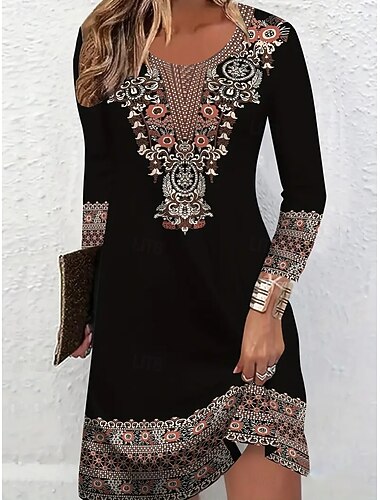  Damen Minikleid T-Shirt-Kleid Sommerkleid A Linie Kleid Lässig Täglich Ausgehen Normale Passform Grafik Stammes Abstrakt Langarm Rundhalsausschnitt V Ausschnitt Schwarz Herbst Winter