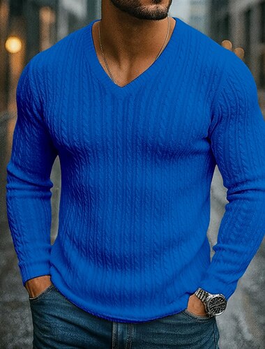  Homens Camiseta masculina de malha canelada com decote em V Camiseta de malha canelada T-shirt Manga Longa Decote V Primavera Outono Todas as Estações Tecido Jacquard Moderno Casual Confortável Básico