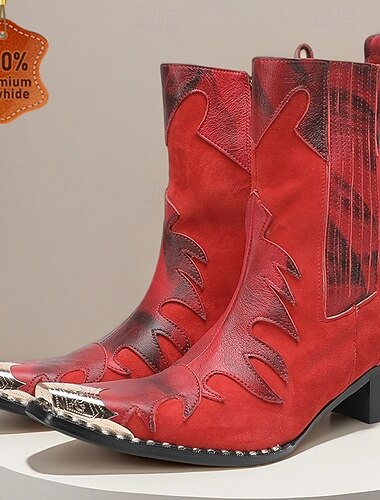  Men's Red Genuine Leather Cowboy Boots – Flame Pattern Western Riding Boots for Festivals, Stage Shows and Country Parties