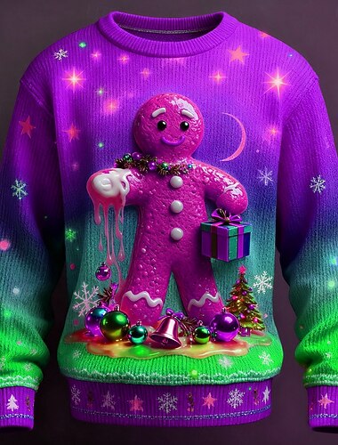  Stygg julegenser Herre 3D-tegneseriefigur Snøfnugg Pullover genser Strikketøy Crewneck Fritid Feriereise Daglig Festival 3D-utskrift Hold Varm Langermet Vår Høst Vinter Rød Blå Lilla