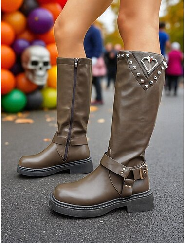  Zwarte gothic knielaarzen voor dames - imitatieleren bikerlaarzen met studs en hartpatch voor Halloween, festivals en streetwear-stijl