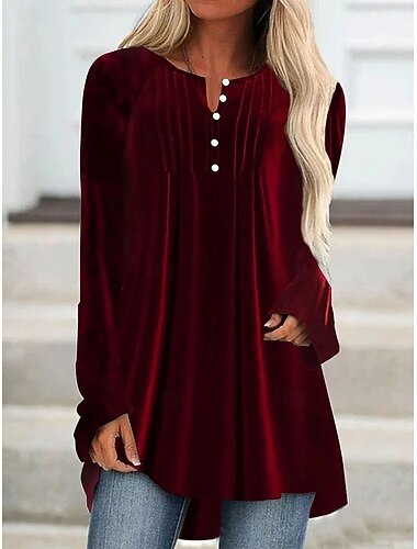  Damen Bluse Einfarbig Elegant Stilvoll Basic Langarm Rundhalsausschnitt Lange Oberteile Täglich Gerafft Knöpfe Wein Blau Grün Frühling Herbst