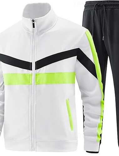  Herr Randig Geometrisk 2st 3D-tröja set Träningsoverall Zip Up sweatshirts Långärmad Långa byxor Hög krage Ledigt Utomhus Semester Ledigt Tryckt Dragkedja Vår Höst Blå Vit Brun