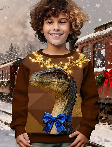  Karácsony Fiú 3D Dinoszaurus Pulóver Hosszú ujj Tavasz Ősz Divat Alap Gyerekek 4-12 év Terített nyak Szabadtéri Hétköznapi Napi Normál