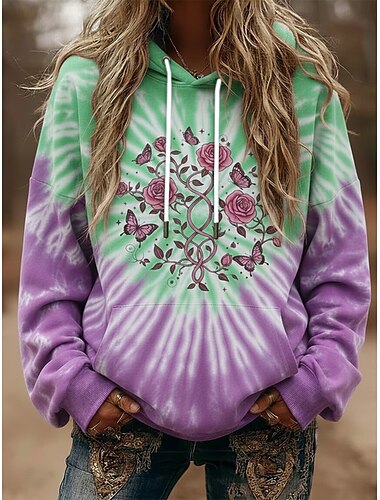  Per donna Pullover Felpe con cappuccio Tinta a nodi Moda Streetwear Casual Manica Lunga Con Cappuccio Top Regolari Abbigliamento Quotidiano Casuale Sportivo Coulisse Tasca Stampato Rosa Viola Verde