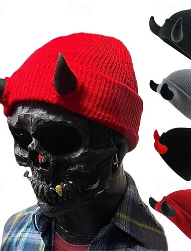  Herre Unisex Beanie lue Vinterhatter Luer 骷髅头毛线帽 Strikk lue Svart Rød polyester Strikket Koselig Dagligdagstøy Ut på byen Djevel Varm