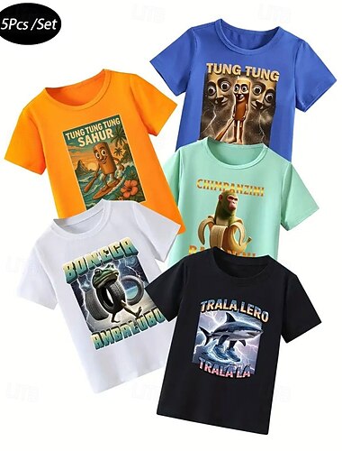  5 peças de camisetas de manga curta para meninos, de verão, casuais, com gola redonda, em cores sortidas, com design gráfico divertido, camiseta com ajuste confortável - crocodilo, cappuccino,