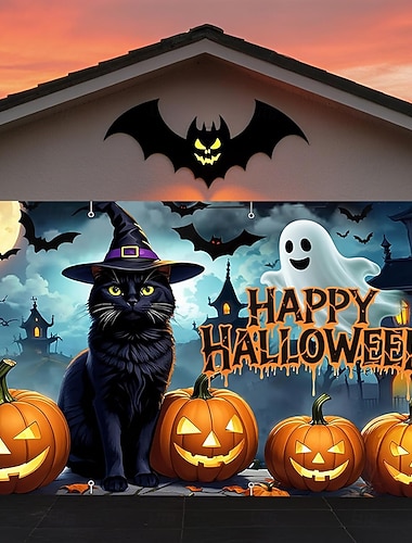  Copertura per porta da garage di Halloween, casa infestata, scena di tomba con teschio di zucca, decorazione esterna spettrale, inquietante, orrore, decorazioni per cortile infestato, spaventose