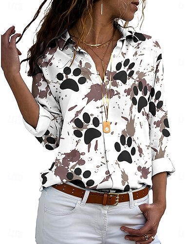 Mulheres Camisa Social Gráfico Animal Cachorro Elegante Boêmia Diário Manga Longa Colarinho de Camisa Tops regulares Trabalho Diário Botões Imprimir Cáqui Primavera Outono Inverno