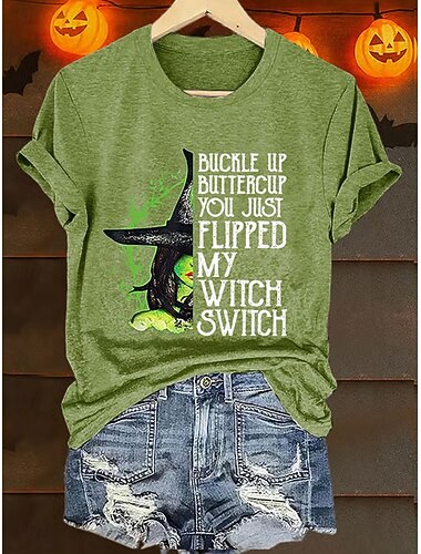  ウィメンズTシャツ グラフィック ウィッチ ヴィンテージ スタイリッシュ クラシック ショートスリーブ クルーネック レギュラー トップス デイリー 外出用 ウィークエンド プリント ホワイト ブルー オレンジ グリーン 夏 秋