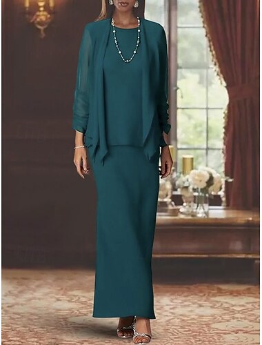  3-teiliges Etuikleid für die Mutter der Braut formeller Hochzeitsgast eleganter Rundhalsausschnitt bodenlang Chiffon lange Ärmel Wickel enthalten mit einfarbigem