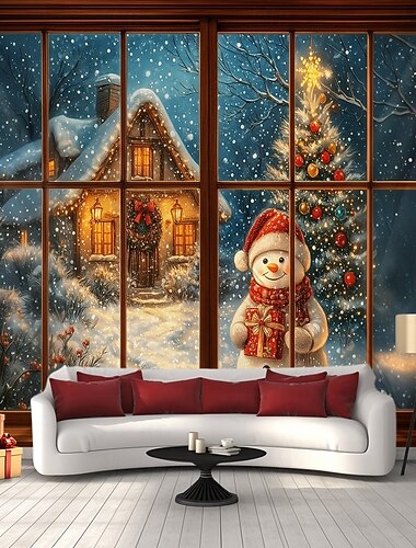  Fondo de tapiz navideño escena acogedora de ventana con muñeco de nieve árbol invernal y luces navideñas 2025 colgante festivo para dormitorio y salón