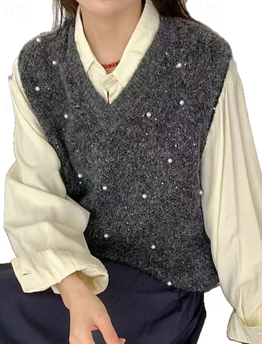 Damen Pullover Pullunder Streetwear Lässig Einfarbig V Ausschnitt Pailletten Gestrickt Ärmellos Normale Oberteile Stricken Ferien Ausgehen Wochenende Schwarz Beige Herbst Winter   Damen Pullover Pullunder Streetwear Lässig Einfarbig V Ausschnitt Pailletten Gestrickt Ärmellos Normale Oberteile Stricken Ferien Ausgehen Wochenende Schwarz Beige Herbst Winter