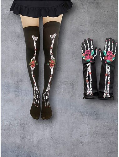  Halloween skelet leggings en handschoenen set voor dames - dia de los muertos suikerschedel ontwerp voor Halloween kostuumfeest