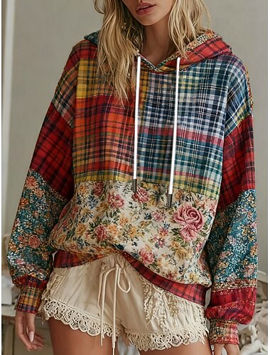  Γυναικεία Pullover Με Κουκούλα Φλοράλ Καρό Βίντατζ Κομψό στυλ street Καθημερινό Μακρυμάνικο Με Κουκούλα Κανονικά μπλουζάκια Καθημερινή Ένδυση Causal Στάμπα Ρουμπίνι Άνοιξη Φθινόπωρο Χειμώνας
