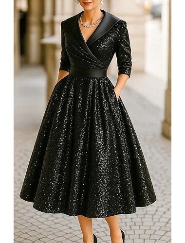  Платье-смокинг А-силуэт Платье хай-лоу Официальные Сатин Пайетки Элегантный стиль Рукав 3/4 Ниже колена Длина миди Воротник шалевого типа Молния
