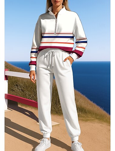  Mulheres Moletom Suéter Roupa de corrida Primavera Com Cordão Zíper Geométrica Jaquetas e Calças Para Esporte Conjunto de roupa atlética Branco Casual Exercite-se Exterior Macio Folgado Manga Longa