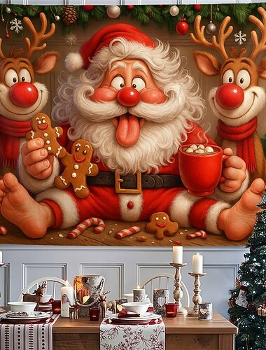  Weihnachtliche Wandteppich-Hintergrund fröhlicher Weihnachtsmann mit Rentieren Wandbehang 2025 Xmas festliche Feiertags-Wanddekoration für Schlafzimmer Wohnzimmer Party und im Freien