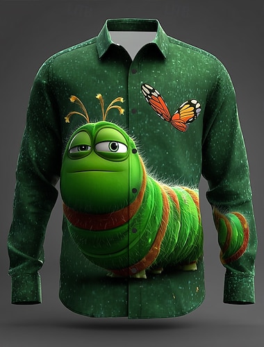  Voor heren dier Insecten Rups Overhemd Overhemd met knopen Lange mouw Grappig Buiten Feestdagen Lente Herfst Strijkijzer 3D-afdrukken shirts met kraag Groen 1# Groen 2# Groen 3# Donkergroen Groen