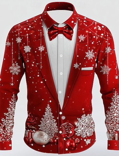  عيد الميلاد المجيد رجالي ندفة ثلجية أزياء الكريسماس قميص سهرة مطبوع بربطة عنق قميص زر حتى القميص كم طويل مضحك الأماكن المفتوحة مناسب للعطلات الربيع الخريف طوي طباعة ثلاثية الأبعاد قميص بياقة أحمر 1