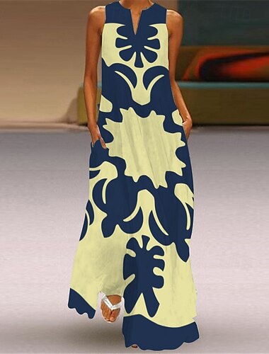  Női Hosszú ruha Maxi ruha Virágos ruha Nyomtatott ruha Divat Modern Szabadtéri Alkalmi Hétvége Normál Virágos Ujjatlan Terített nyak V-alakú Sárga Sötétzöld Sötétkék Rózsapiros Nyár Tavasz