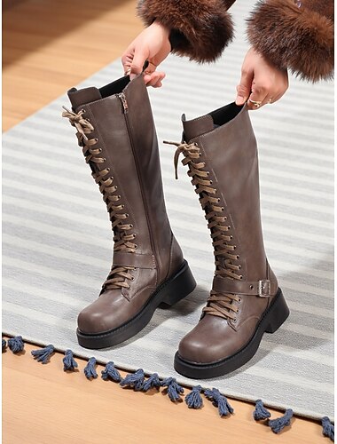  Zwarte veterschoenen voor dames, kniehoog, met dikke zool en banddetail - stijlvol en duurzaam voor casual of street fashion