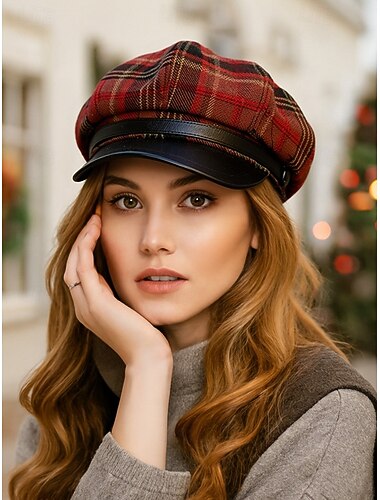  berretto da donna scozzese con visiera in pelle PU, cappello vintage da baker boy in vari colori, elegante accessorio per le feste di Natale e regalo invernale