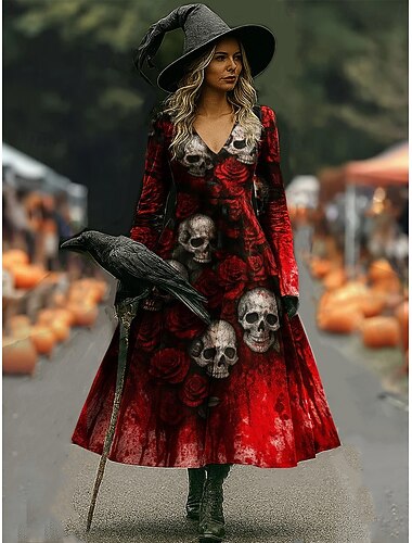  Halloween Γυναικεία Μακρύ φόρεμα Φόρεμα σε γραμμή Α Διακοπές Καθημερινό Μπόχο Παραλία Κανονικό Γραφική Νεκροκεφαλές Ταύρος Μακρυμάνικο Λαιμόκοψη V Μαύρο Κρασί Σκούρο γκρι Άνοιξη Φθινόπωρο