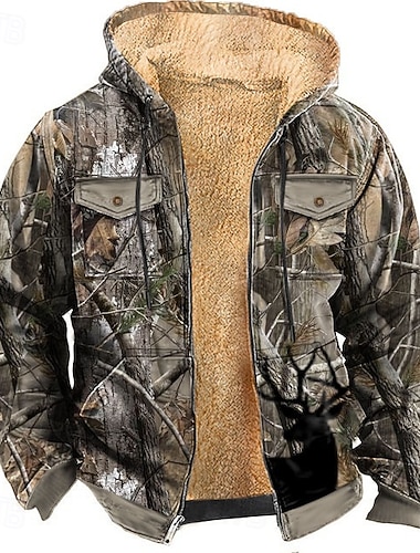  Муж. камуфляж Камуфляж Флис Толстовка Жакет Мода Круто Повседневные Винтаж Ретро Длинный рукав Капюшон Для охоты Синий Зеленый Военно-зеленный Серый Молния Карман Осень Зима Дизайнер S M L XL XXL XXXL