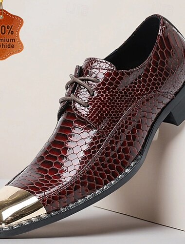  Sapatos sociais masculinos de couro legítimo bordô com estampa de cobra e cadarço e biqueira de metal – sapatos da moda para banquetes e coquetéis