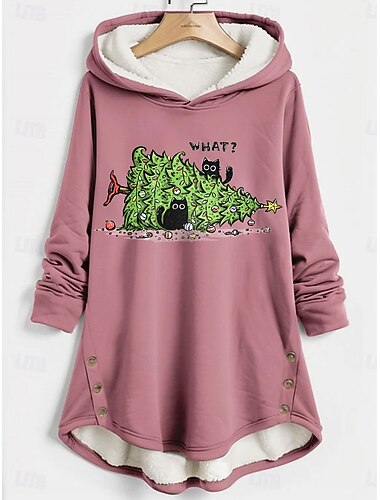  Dame Pullover hettegenser-genser Grafisk Katt Juletre Varm Fritid fuzzy Langermet Med hette Lange topper Avslappet Sport Trykt mønster Rosa Blå Grå Høst Vinter