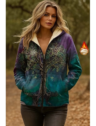 Mulheres Moletom com zíper Zip Up Zíper Imprimir Gráfico Geométrica Estampado Cashemere Elegante Quente Vintage Manga Longa Com Capuz Tops regulares Casual Casa Trabalho Verde Primavera Outono Inverno