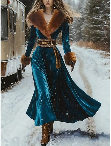  Per donna Abito maxi Abito a trapezio Casual Quotidiano Vestibilità regolare Semplice Etnico Manica Lunga Scollo a V Blu Autunno Inverno