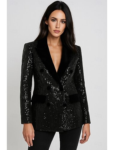  Mulheres Blazer Casaco esportivo Formal Convidado do casamento Festa de Noite Paetês Elegante Brilhante Manga Longa Lapela de pico Trespassado
