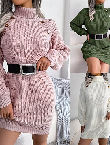  Damen Minikleid Pulloverkleid Modern Urlaub Ferien Ausgehen Normale Passform Einfach Langarm Rollkragen Weiß Rosa Armeegrün Herbst Winter