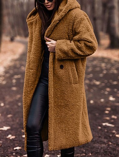  Damen Wintermantel Fleecejacke Warm Bequem Tasche Knöpfe Mode Lässig Einfach Urlaub Straße Lässig Alltagskleidung Einreihig Lang Mit Kapuze Normale Passform Langarm Oberbekleidung Braun Herbst Winter