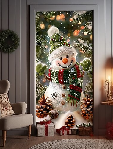  Jule dørtrekk sjarmerende snømann i vinterlandskaps jule dørgardin bakgrunn 2025 julefest innendørs utendørs dekorasjoner