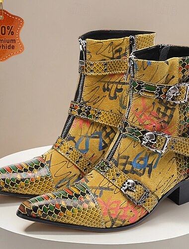  Botas masculinas de couro com estampa de cobra ousada – couro bovino legítimo amarelo multicolorido com tiras de fivela tripla, bico fino para shows, festivais e festas