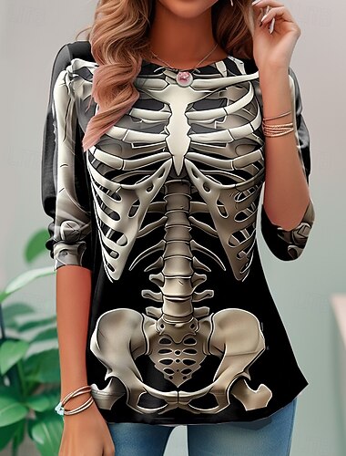  Φόρεμα Halloween Γυναικείο T Shirt Σκέλετος Κρανία Γραφικό Σκέλετος Vintage Μόδα Στυλάτο Μακρυμάνικο Crew Neck Στρογγυλή Λαιμόκανοι Κανονικά Μπλουζάκια Καθημερινά Σαββατοκύριακο Έντυπα Μαύρο Κρασί