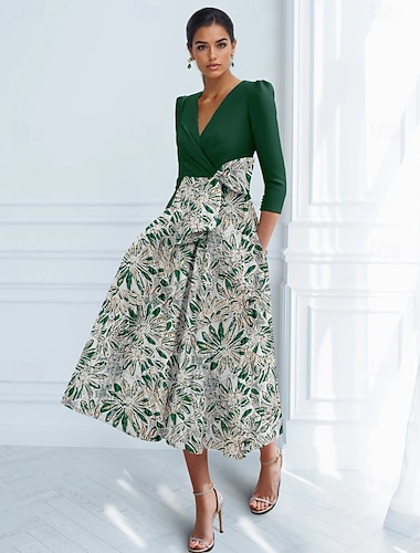  А-силуэт Ниже колена коктейльные платья Платья для вечеринок Элегантный стиль Рукав 3/4 V-образный вырез Официальные Свадьба Стретч-креп с Бант(ы) Плиссировка Карман