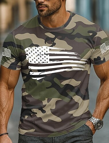  Ανδρικά καμουφλάζ Καμουφλάζ Αμερικανική σημαία των ΗΠΑ Μπλουζάκι Κοντομάνικο Κοντομάνικη μπλούζα 3D εκτύπωση Στρογγυλή Ψηλή Λαιμόκοψη Πουκάμισο Καθημερινά Στρατιωτικό Δρόμος Καθημερινά Κυνήγι