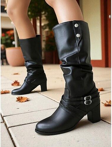  stivali neri da donna a metà polpaccio con cinturini con fibbia, eleganti e versatili, adatti per un abbigliamento casual, autunnale e invernale.