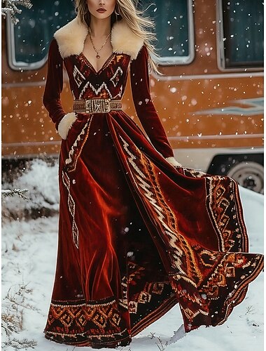  Per donna Abito maxi Abito a trapezio Casual Quotidiano Vestibilità regolare Etnico Manica Lunga Scollo a V Vino Autunno Inverno