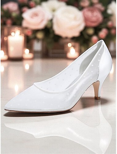  Women's White Wedding Shoes with Polka Dot Mesh and Low Heels - Elegant Bridal Pumps for Bride, Ceremony and Formal Occasions