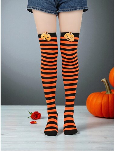  Dames Halloween gestreepte overknee sokken - pompoen geborduurde dijhoge kousen voor feest-, cosplay- en kostuumoutfits