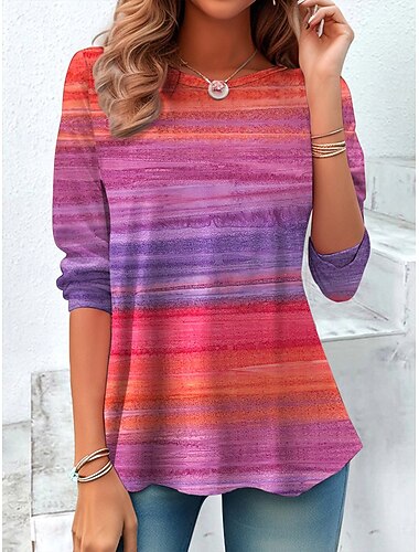  Mulheres Camiseta Imprimir Gráfico Geométrica Vintage à moda Casual Manga Longa Gola Redonda Tops regulares Diário Azul Amarelo Vermelho Roxo Laranja Primavera Outono Inverno