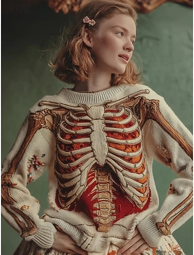  Suéter de Mujer Esqueleto Lindo Streetwear Casual Gráfico Esqueleto Cuello Redondo Patchwork Tejido Manga Larga Tops Regulares Tejido Negro Rosa Otoño Invierno