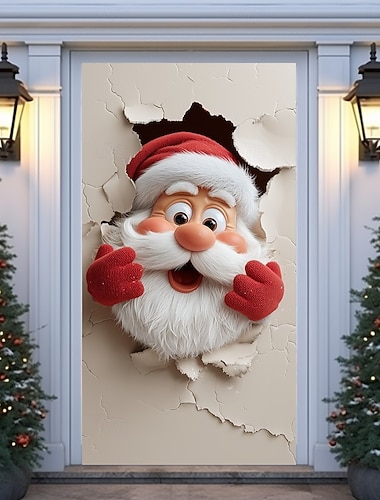  クリスマスドアカバー、冬のホリデーカーテンデコレーション、サンタクロースが壁を突き破る、メリークリスマスプリントの大きなファブリックパネル、自宅の寝室、リビングルーム、玄関などにぴったりのデコレーション。