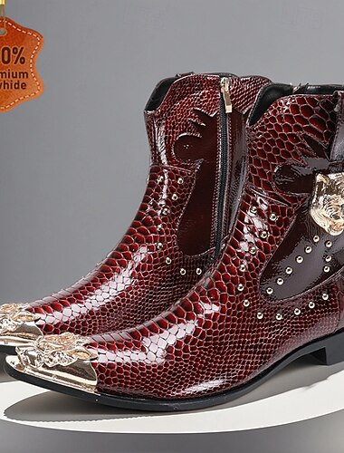  Pánské vínové kotníkové boty z pravé kůže s hadím potiskem a kovovou přezkou – gothic punk párty boty